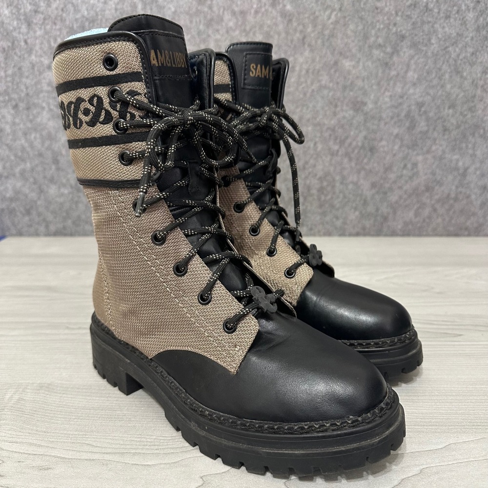 Sam & Libby Stella Combat Boots Womens 7.5 Black Tan Embroidered Lug Sole Zip Up